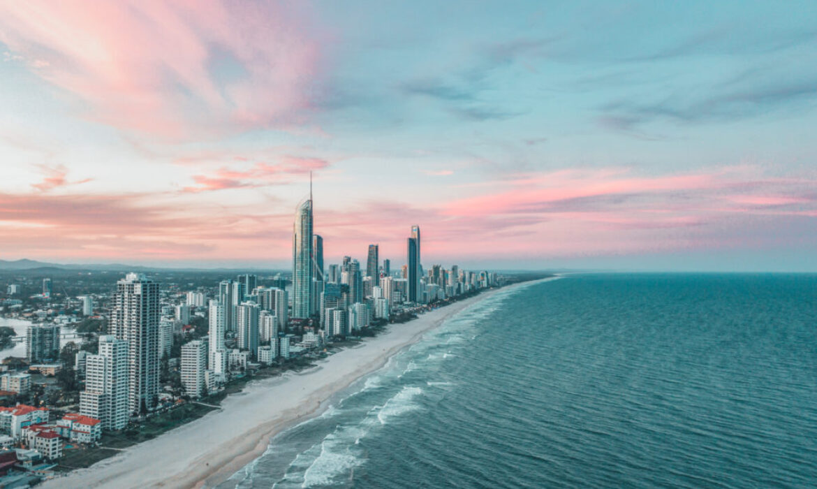 Surfers Paradise skyline aerial view at sunset with a pink sky