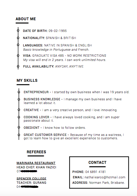 Currículum para trabajar en Australia: CV Nathalie 1